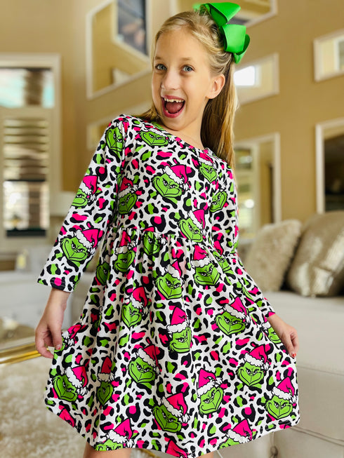Bowtism Girls Diva Pink Grinchmas Christmas Dress with Matching Bow - Bowtism