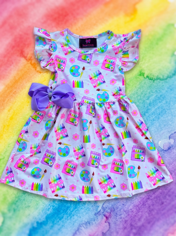Girls Crayon School Dress with Matching Bow