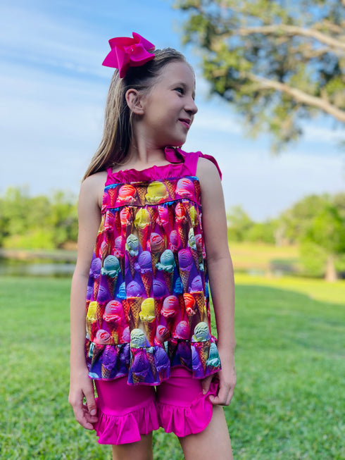 Girls Summer Ice Cream Shorts Set with Matching Bow - Bowtism