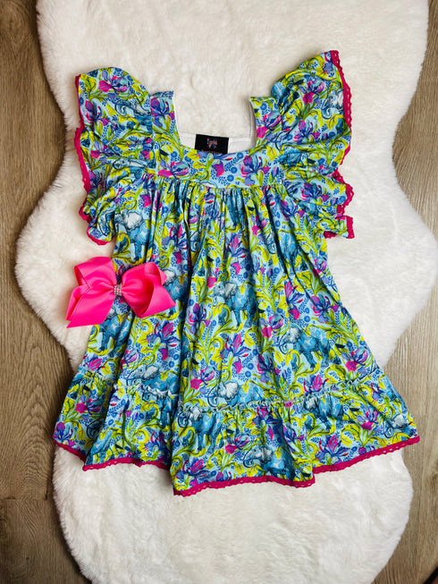 Bowtism Elephant Flutter Dress With Matching Bow - Bowtism