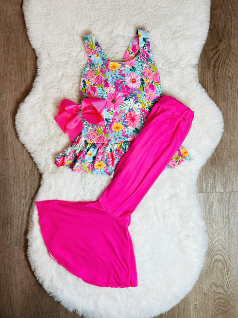 Girls Flower Bouquet Flare Pants Set with Matching Bow - Bowtism