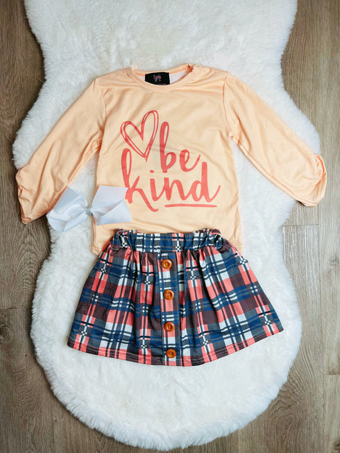 Bowtism Girls Be Kind Fall Plaid Skirt with Built in Shorts with Matching Bow - Bowtism