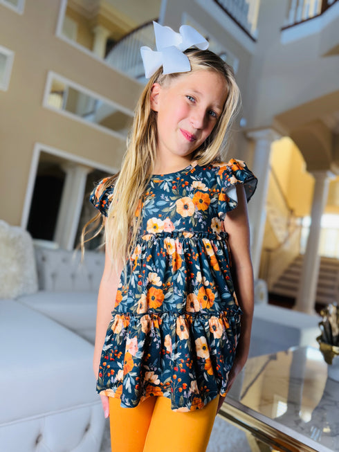 Girls Floral Everyday Pants Set with Matching Bow