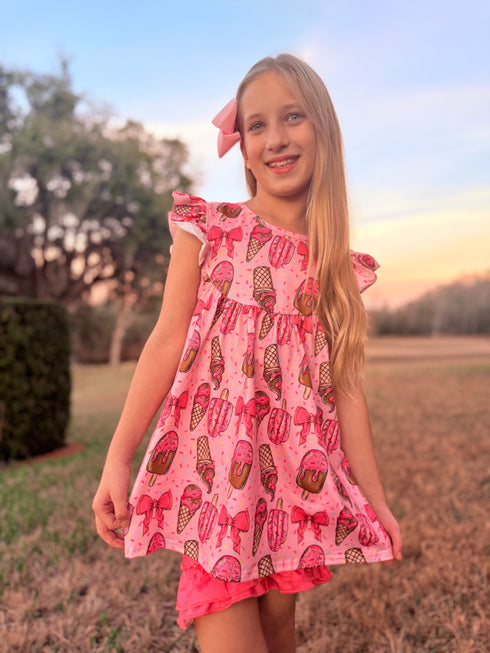 Girls Ice Cream Shorts Set with Matching Bow