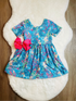 Bowtism Girls Aqua Seascape Twirl Dress with Matching Bow - Bowtism