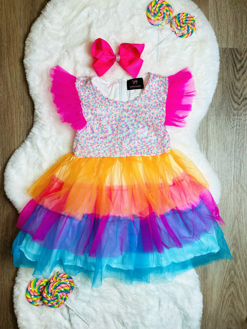 Bowtism Bright Birthday Layered Tutu Dress With Matching Bow - Bowtism