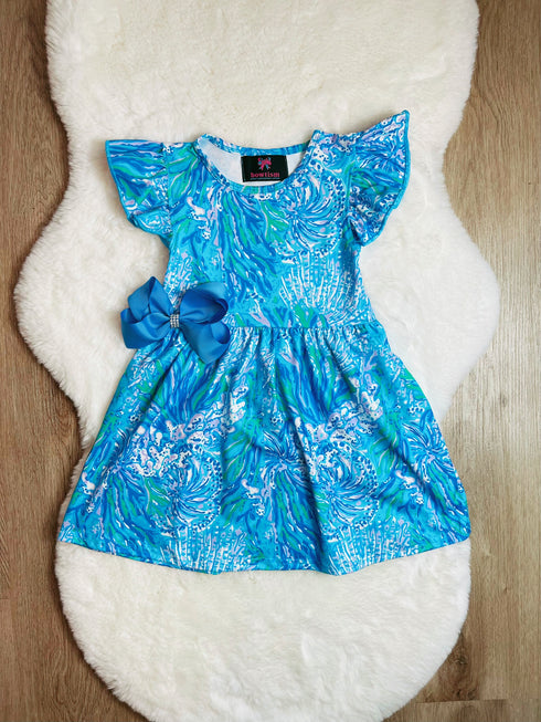 Bowtism Girls Watercolor Ocean Flutter Dress with Matching Bow - Bowtism