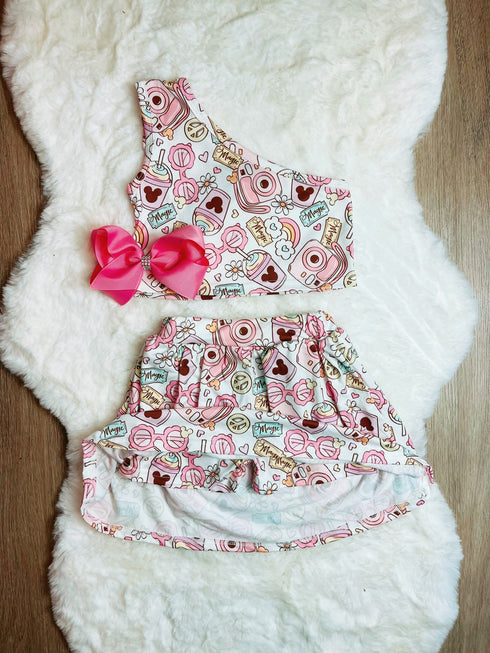 Bowtism Girls Mouse Friends Crop Skirt with Shorts Set and Matching Bow - Bowtism