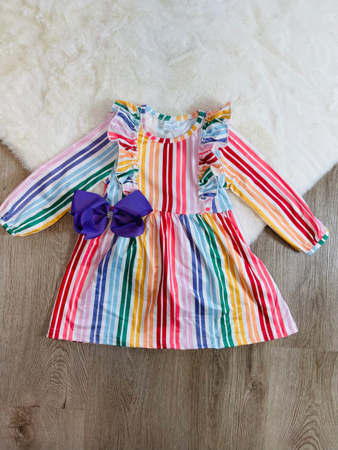 Bowtism Fun Times Rainbow Ruffle Dress with Matching Bow - Bowtism