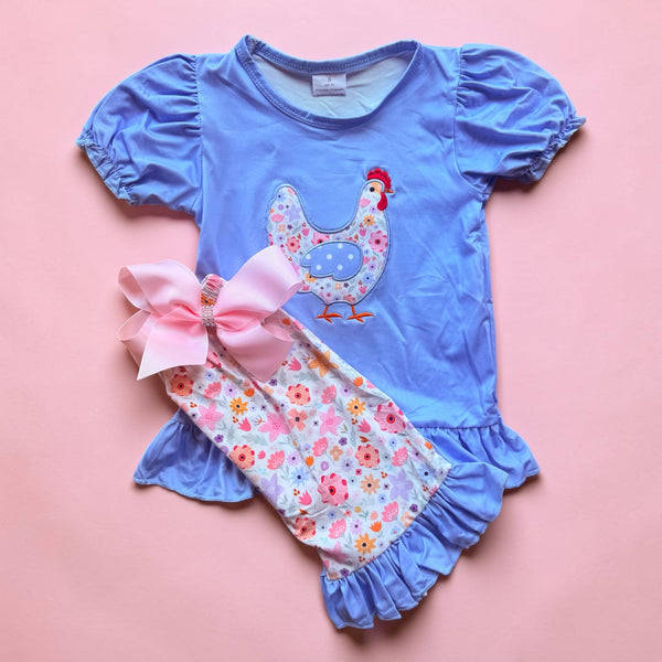 Girls Chicken Shorts Set with Matching Bow