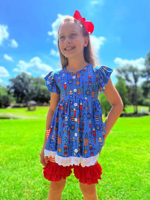 Girls Fireworks Shorts Set with Matching Bow