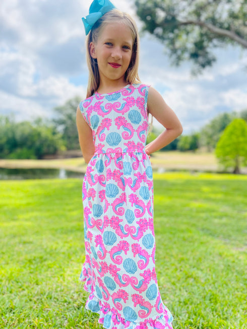 Girls Preppy Seahorse Long Beach Dress with Matching Bow - Bowtism