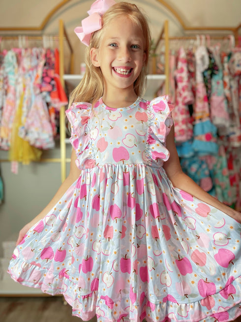 Bowtism Top Student Apple School Ruffled Lace Dress with Matching Bow - Bowtism