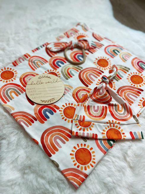 Bowtism Boho Rainbow Swaddle Set with Wooden Birth Plate, Hat & Headband - Bowtism