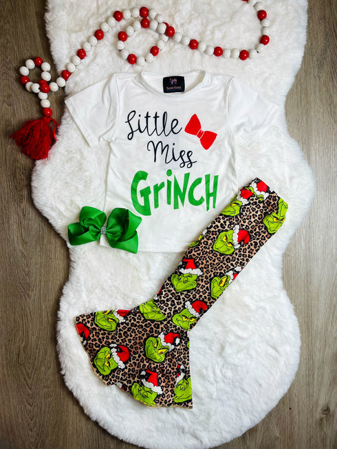 Bowtism Girls Little Miss Grinch Flare Pants Set with Matching Bow - Bowtism