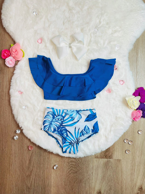 Bowtism Mommy & Me Blue Palm Swimsuit with Matching Bow - Bowtism