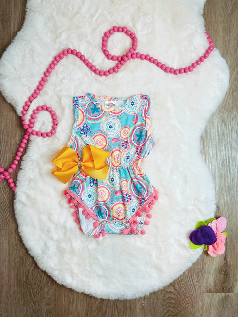 Bowtism Baby Girl Nina Pom Pom Romper with Matching Bow - Bowtism