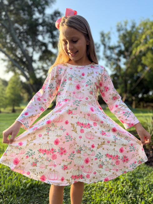 Girls Pink Pumpkin Dress with Matching Bow - Bowtism