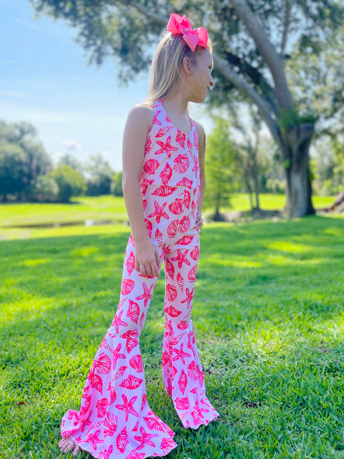 Girls Pink Seashell Flare Romper with Matching Bow - Bowtism