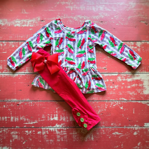 Girls' Red Truck Pants Set with Matching Bow