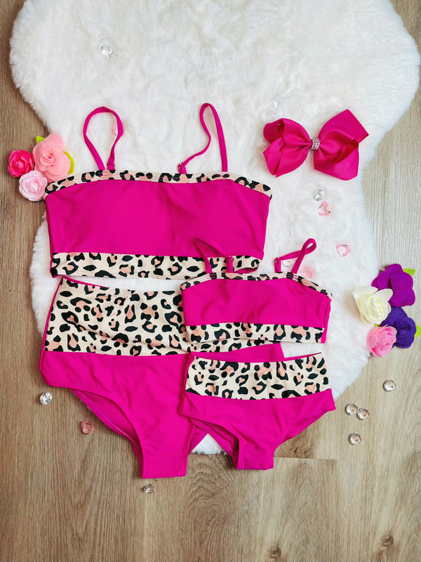 Bowtism Mommy & Me Pink Cheetah Swimsuit with Matching Bow - Bowtism