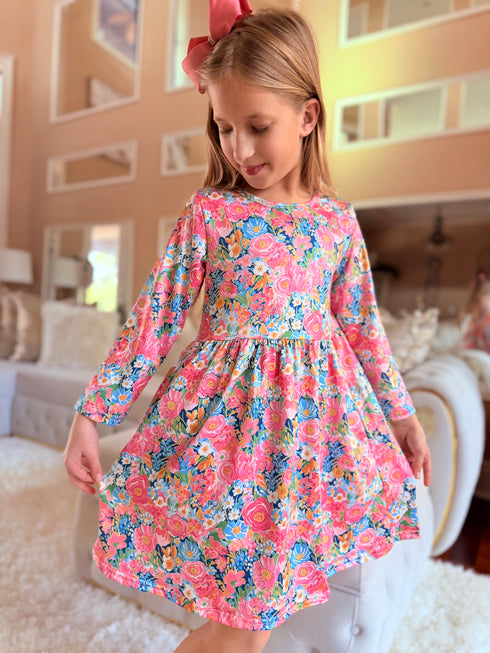 Girls Floral Spring Dress + Matching Bow