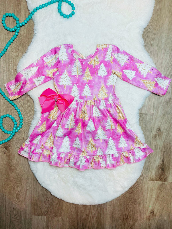 Bowtism Girls Pink Christmas Tree Twirl Dress with Matching Bow - Bowtism