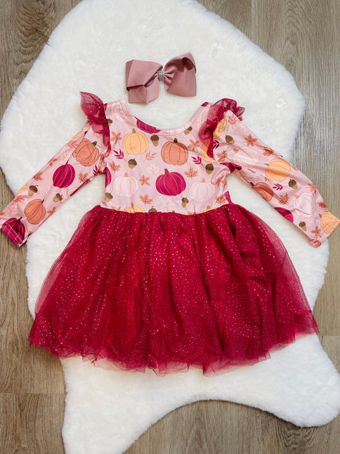 Bowtism Maroon Harvest Pumpkin Tutu Dress with Matching Bow - Bowtism