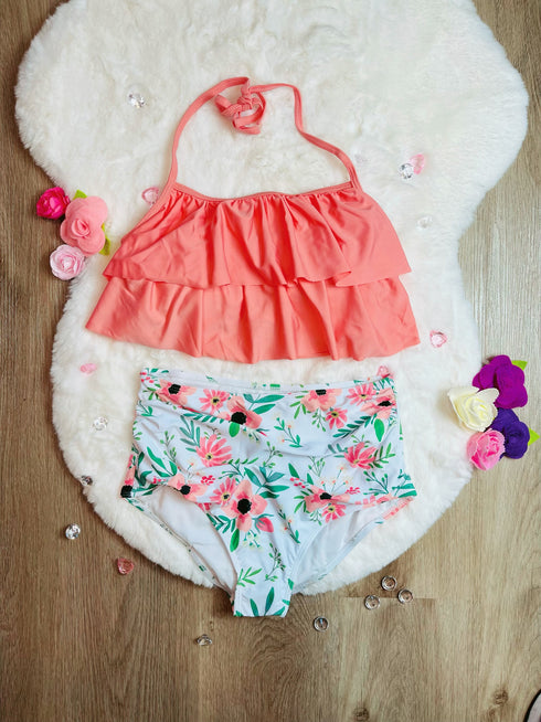 Bowtism Mommy & Me Peach Floral Swimsuit with Matching Bow - Bowtism
