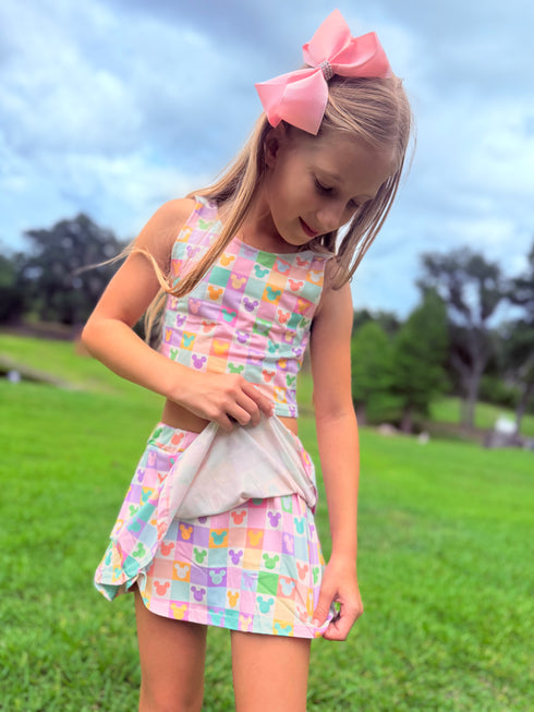 Girls Retro Theme Park Skort Set with Matching Bow