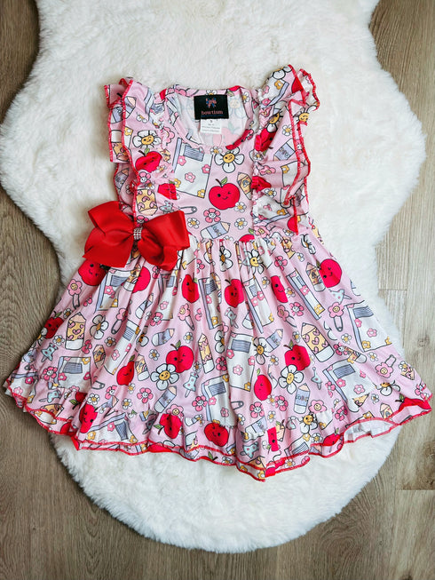 Bowtism Sweet Apple A Day School Ruffled Dress with Matching Bow - Bowtism