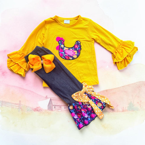 Girls Farm Chicken Flare Pants Set with Matching Bow
