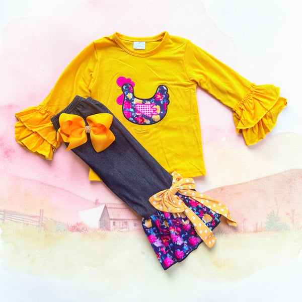Girls Farm Chicken Flare Pants Set with Matching Bow
