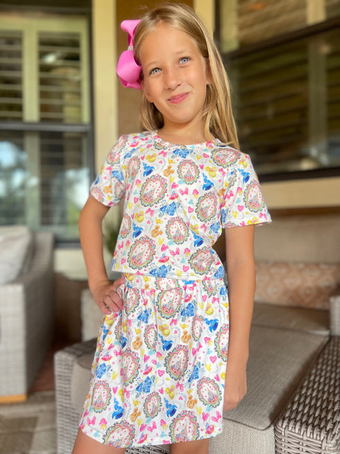 Girls Pink Watercolor Crop Top Skort Set and Matching Bow - Bowtism