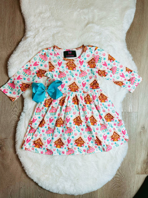 Bowtism Christmas Gingerbread House Twirl Dress with Matching Bow - Bowtism