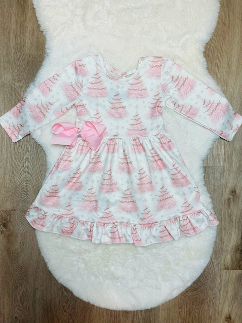 Bowtism Girls Pastel Christmas Tree Twirl Dress with Matching Bow - Bowtism