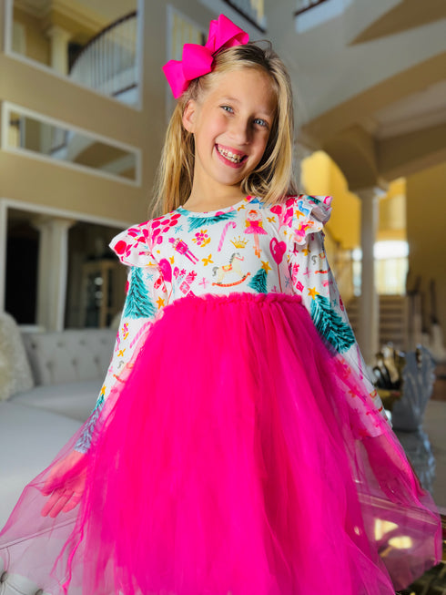 Girls Pink Christmas Tutu Dress with matching bow
