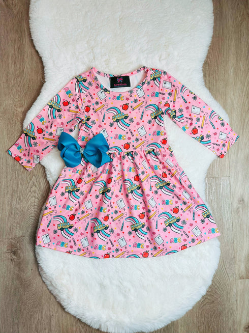 Bowtism School Rainbow Fashion Twirl Dress with Matching Bow - Bowtism
