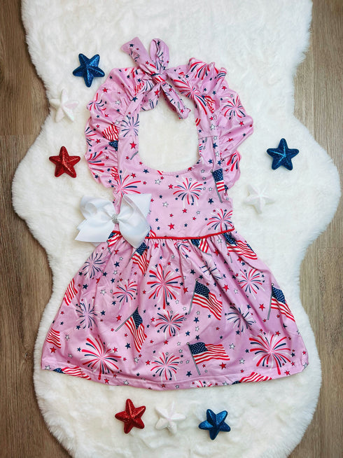 Bowtism Pink July 4th Dress with Matching Bow - Bowtism