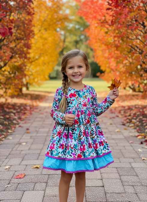 Girls Rustic Floral Dress with Matching Bow