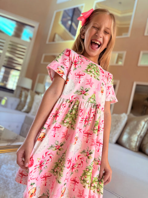 Girls Pink Santa Christmas Tree Dress with Matching Bow