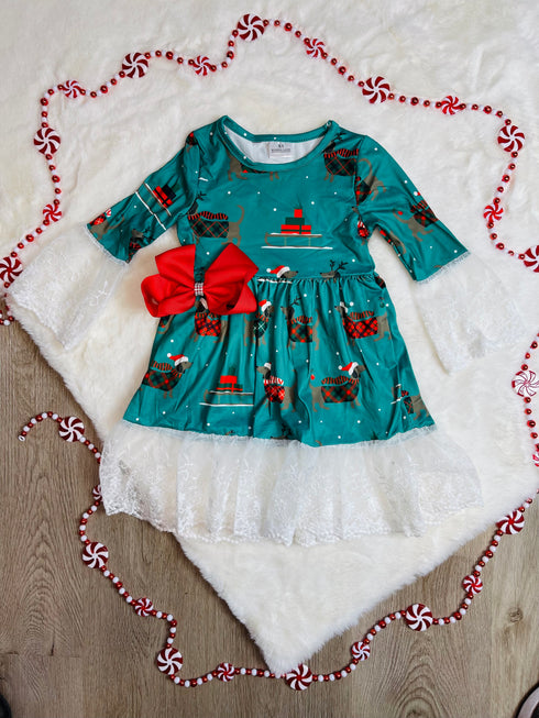 Bowtism Girls Holiday Puppy Lace Dress & matching bow - Bowtism