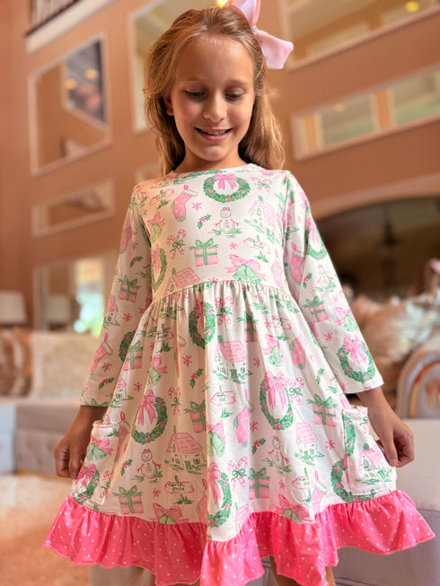 Girls Pink Preppy Christmas Dress with Matching Bow - Bowtism