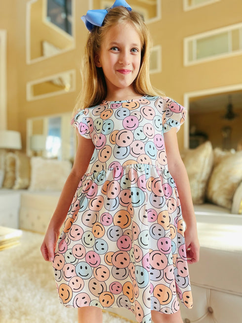 Girls All Smiley Dress with Matching Bow - Bowtism
