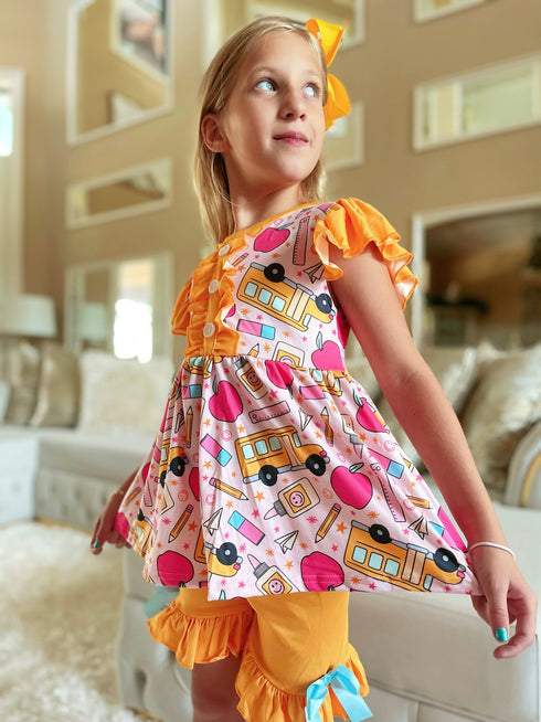 Bowtism Girls School Bus Study Time Shorts Set with Matching Bow - Bowtism