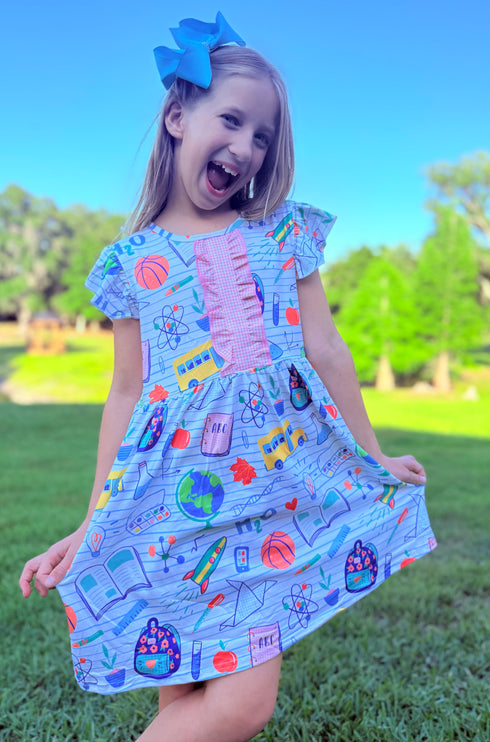 Girls Science Print Dress with Matching Bow