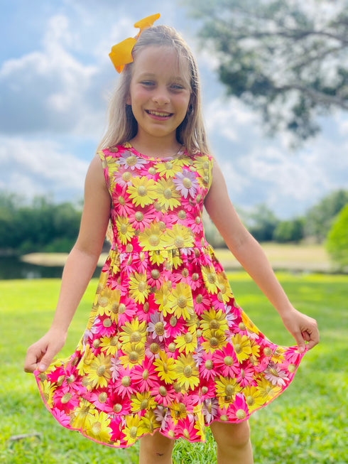 Girls Pink Daisy Beach Dress with Matching Bow - Bowtism
