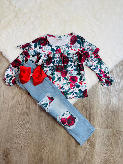 Bowtism Holiday Denim Floral Pants Set with Matching Bowl - Bowtism