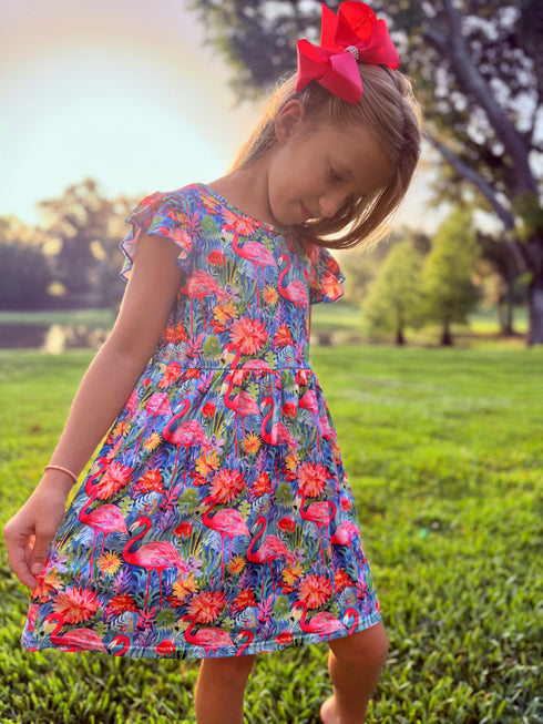 Girls Vibrant Flamingo Flutter Dress with Matching Bow - Bowtism