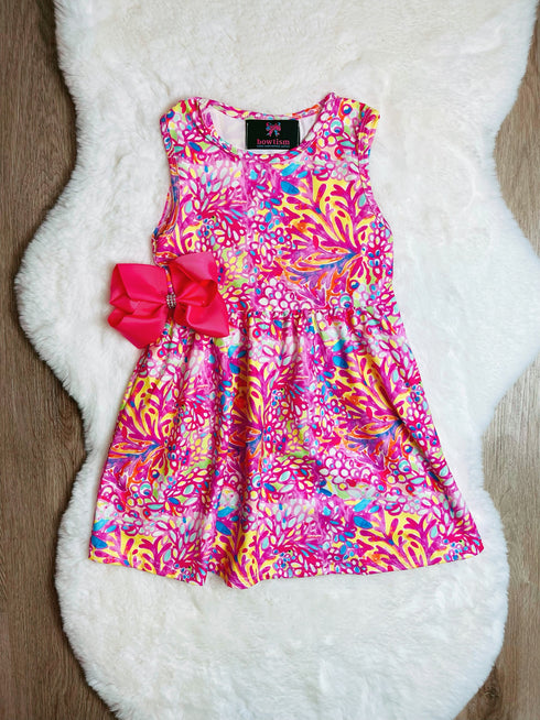 Bowtism Watercolor Vibrant Summer Nights Twirl Dress with Matching Bow - Bowtism